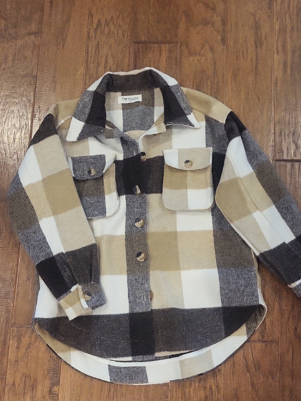 Impressions Plaid Shacket in White, Tan & Brown